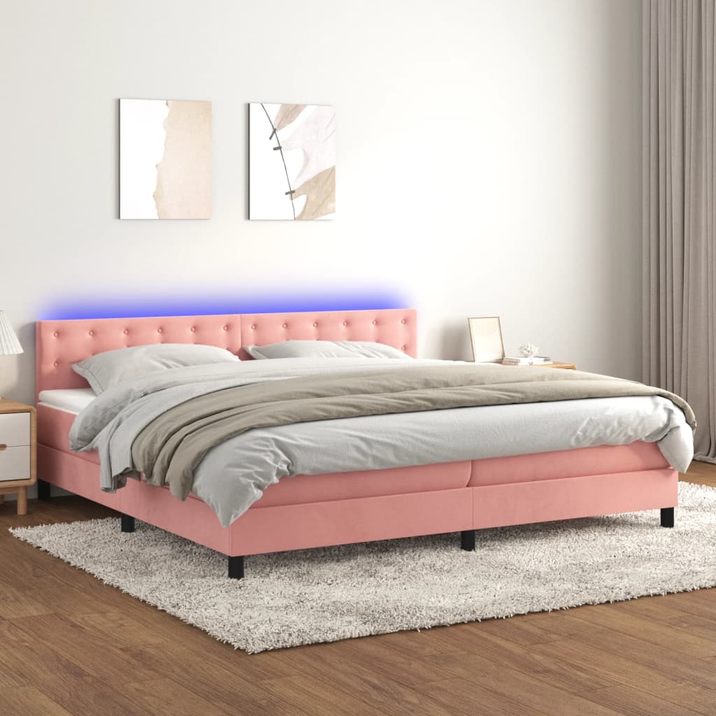 rózsaszín bársony rugós és LED-es ágy matraccal 200x200 cm