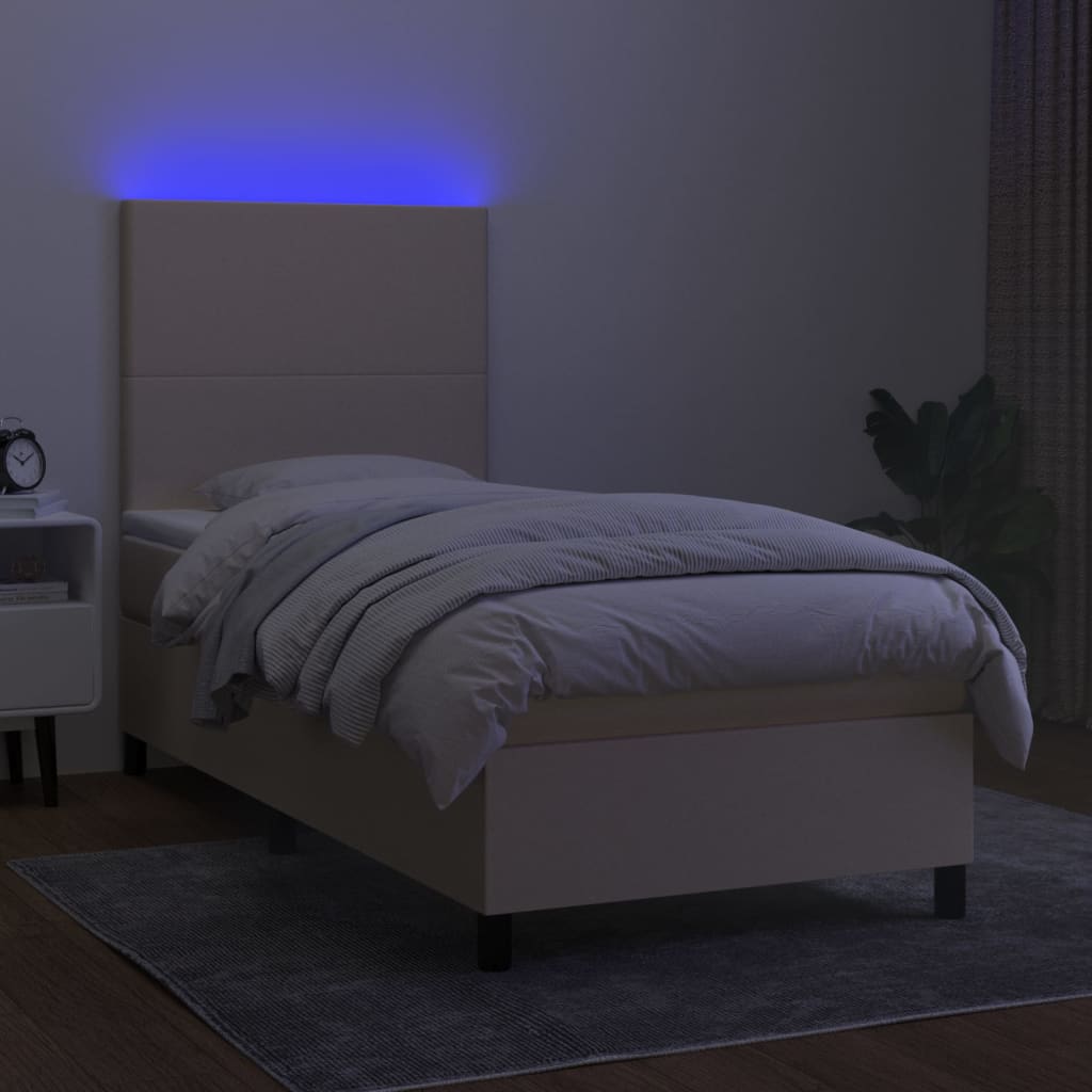krémszínű szövet rugós és LED-es ágy matraccal 90x190 cm
