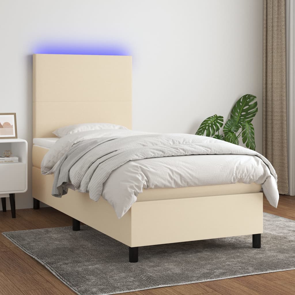 krémszínű szövet rugós és LED-es ágy matraccal 90x190 cm