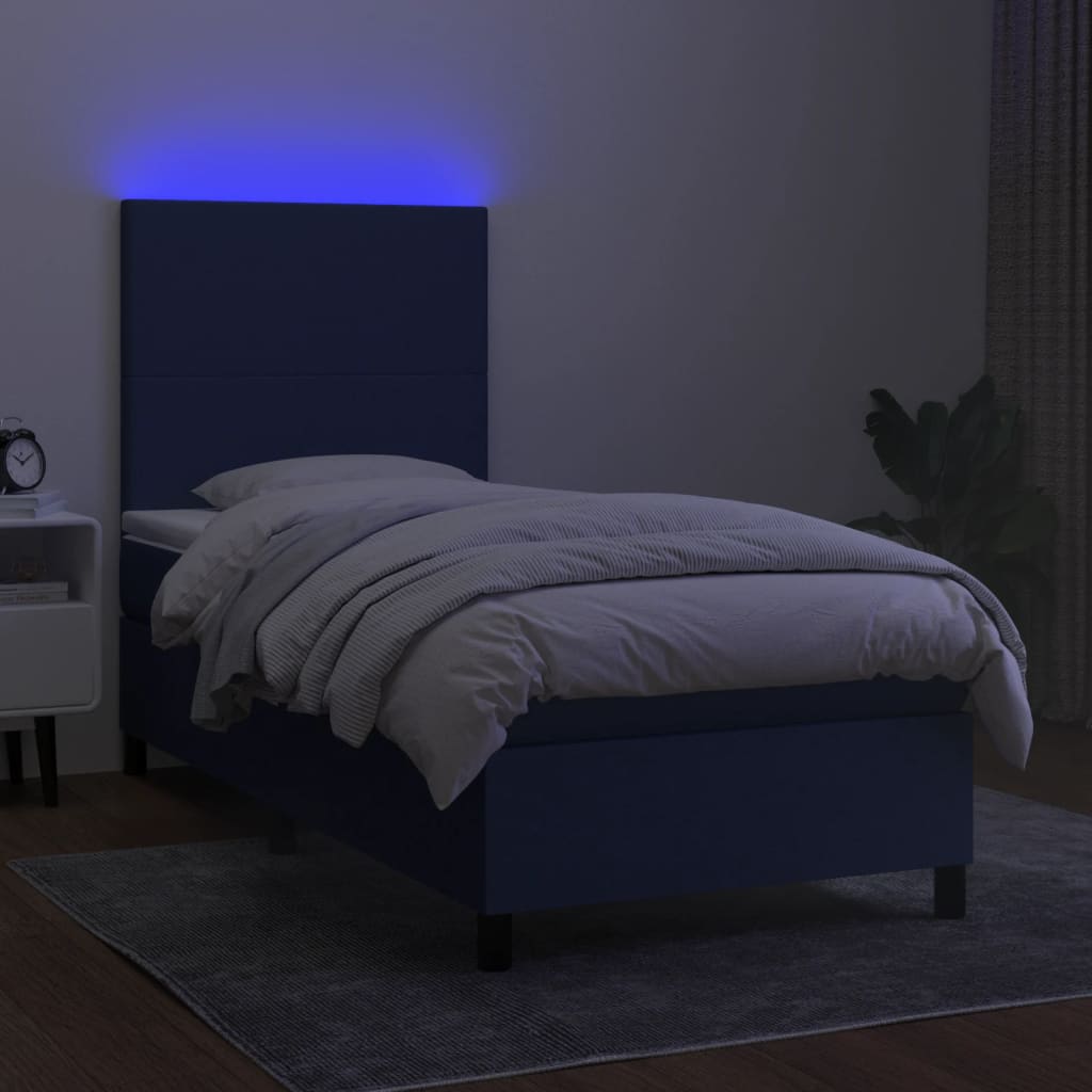 kék szövet rugós és LED-es ágy matraccal 90x190 cm