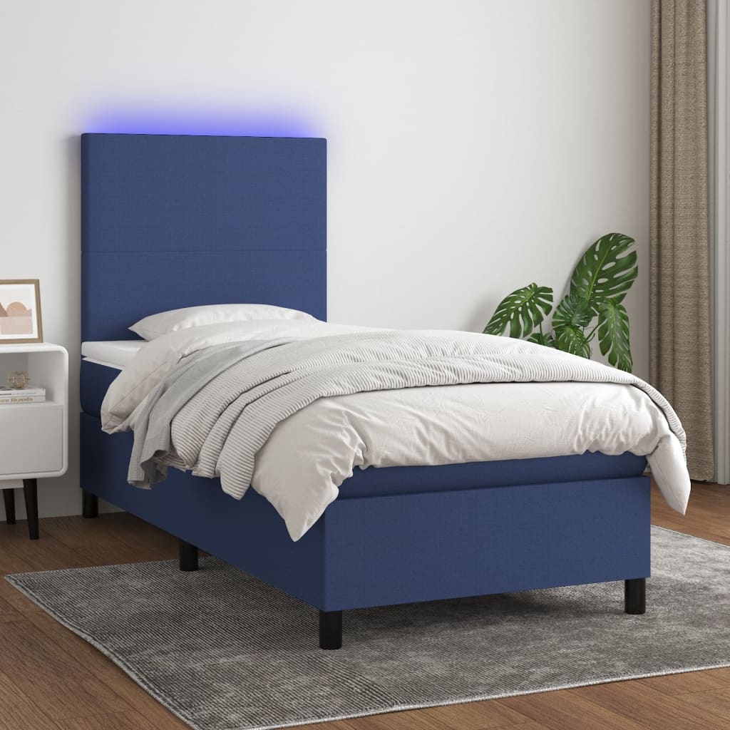 kék szövet rugós és LED-es ágy matraccal 90x190 cm