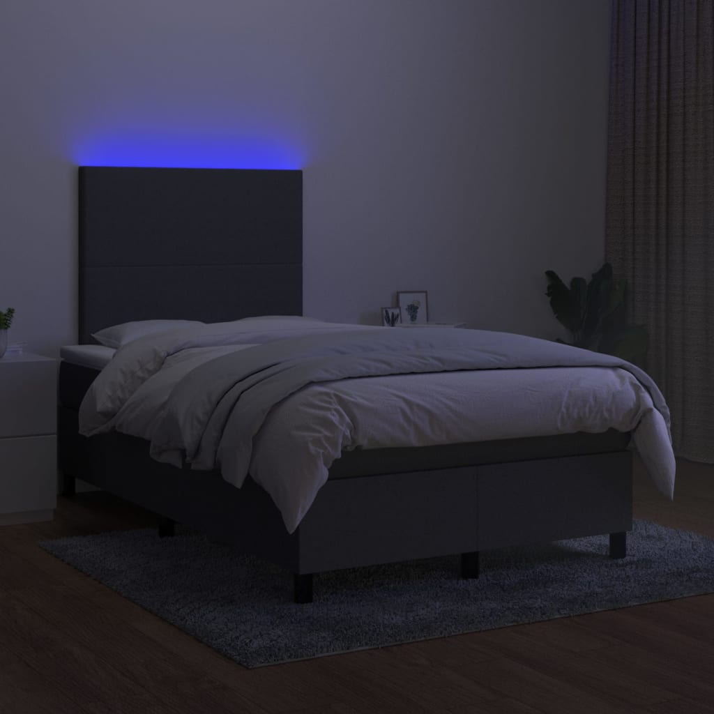 sötétszürke szövet rugós és LED-es ágy matraccal 120 x 200 cm