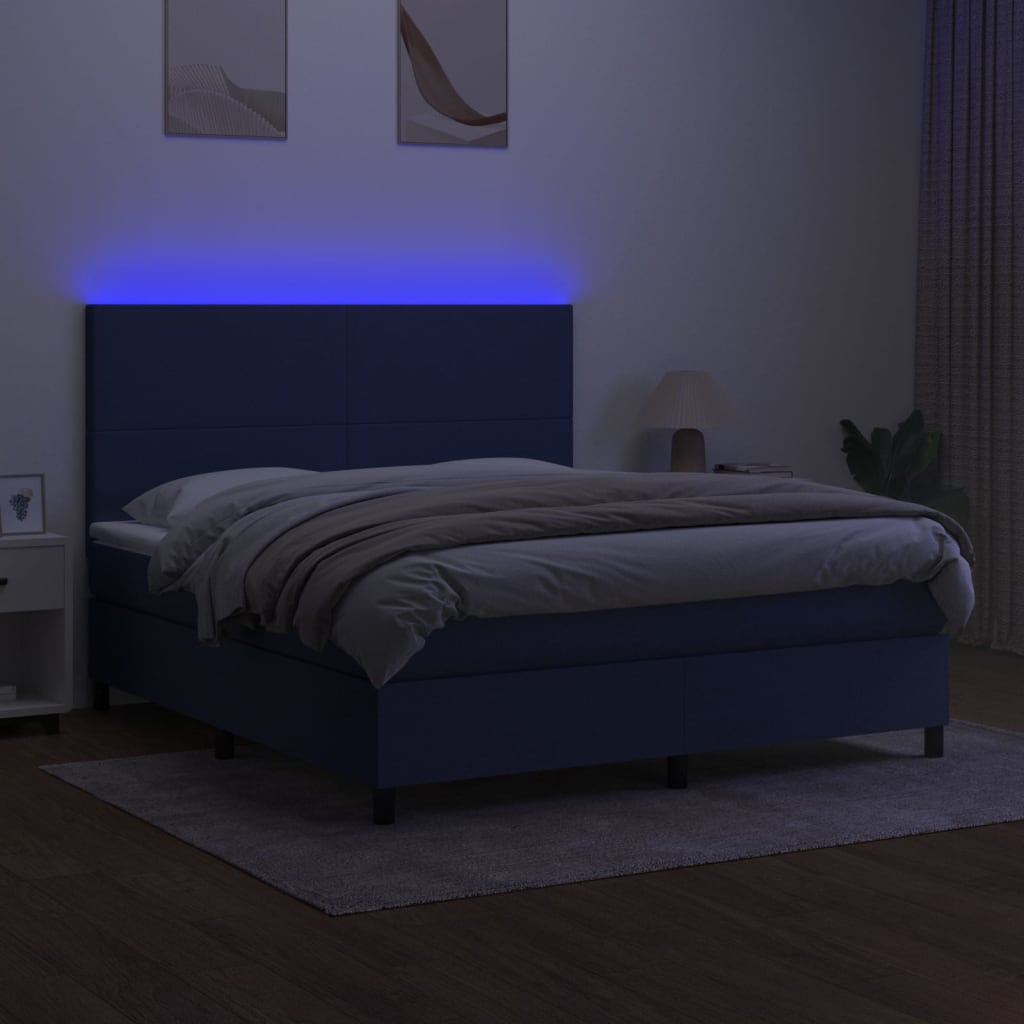 kék szövet rugós és LED-es ágy matraccal 180 x 200 cm