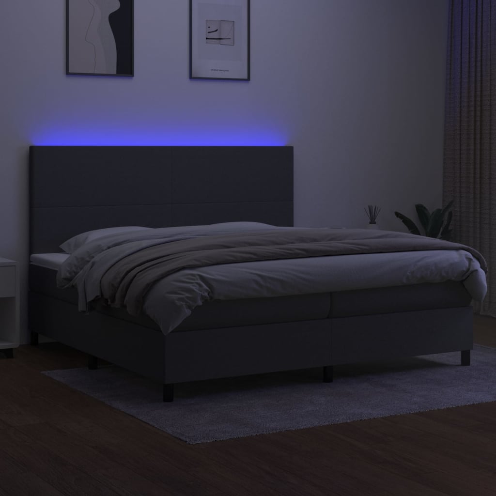 sötétszürke szövet rugós és LED-es ágy matraccal 200x200 cm