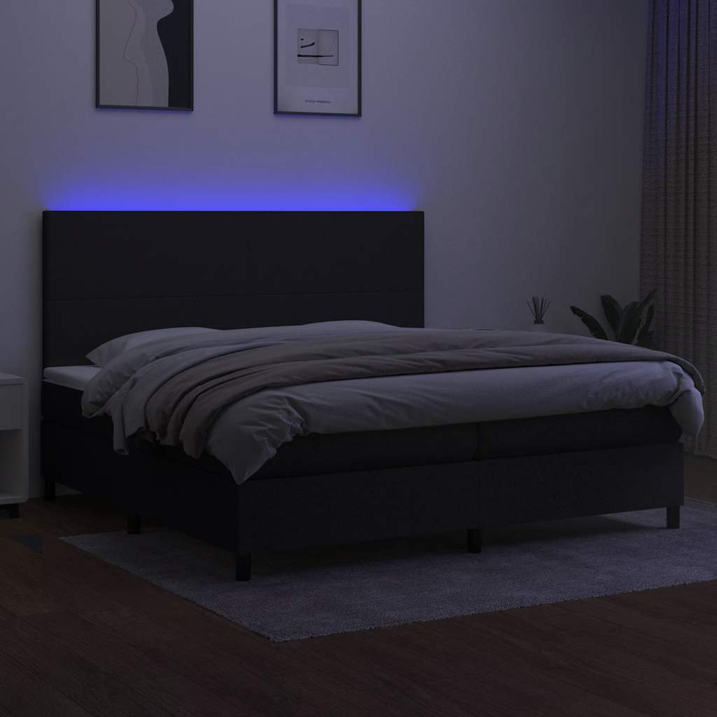 fekete szövet rugós és LED-es ágy matraccal 200x200 cm