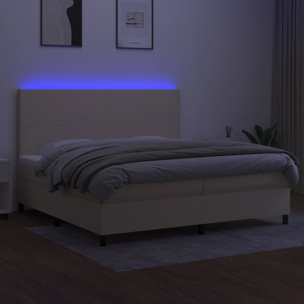 krémszínű szövet rugós és LED-es ágy matraccal 200 x 200 cm