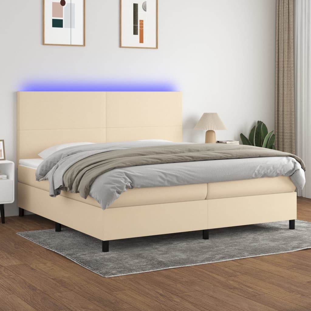 krémszínű szövet rugós és LED-es ágy matraccal 200 x 200 cm