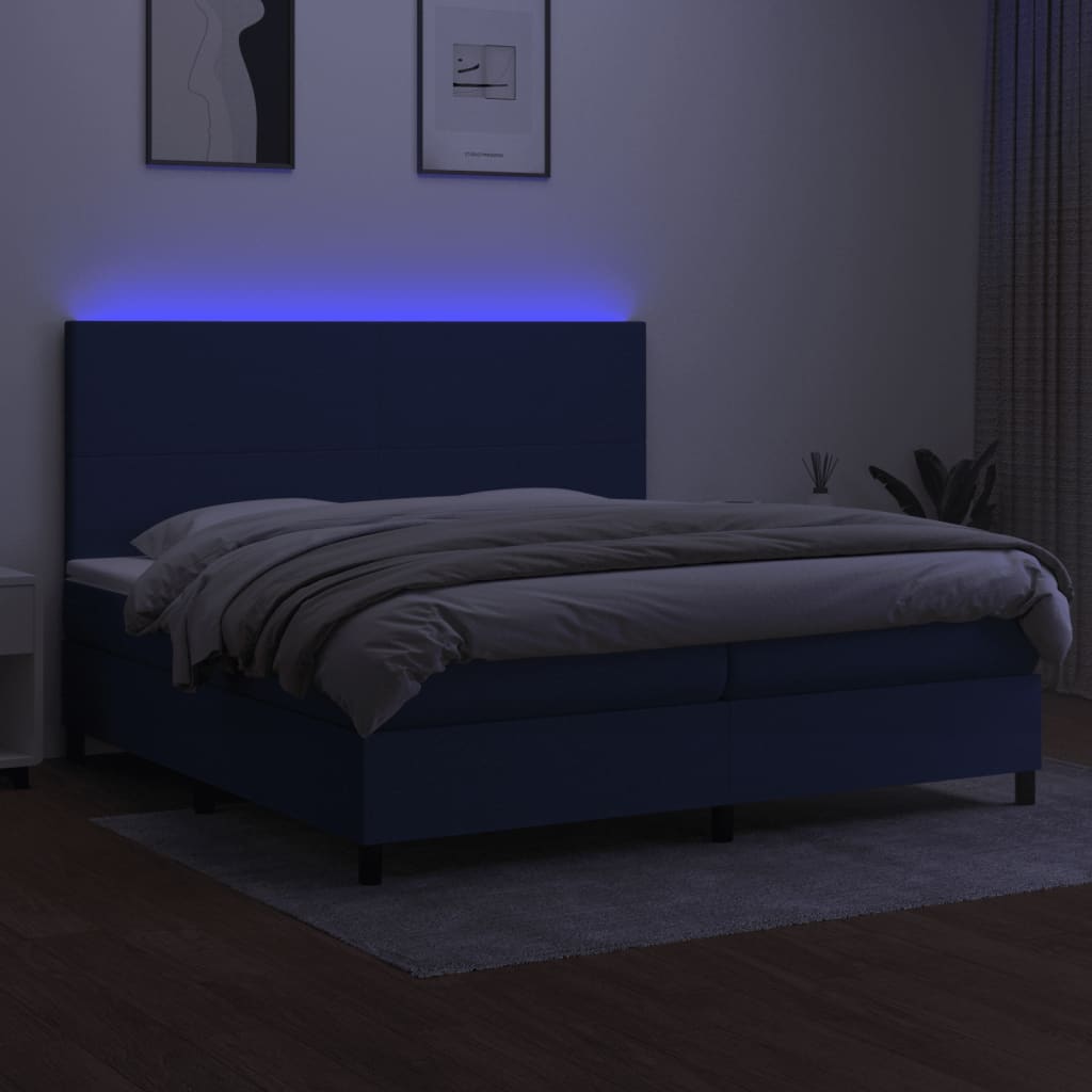 kék szövet rugós és LED-es ágy matraccal 200 x 200 cm