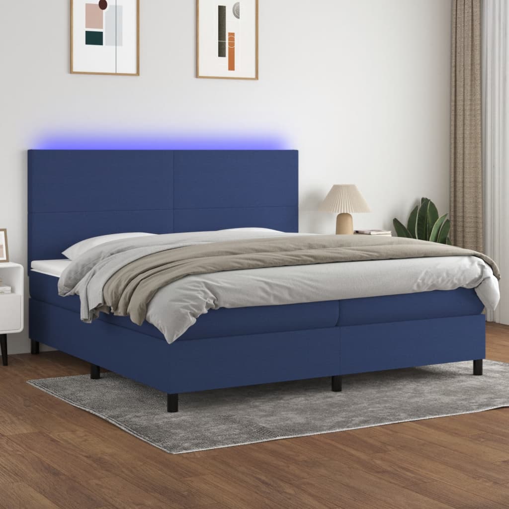 kék szövet rugós és LED-es ágy matraccal 200 x 200 cm