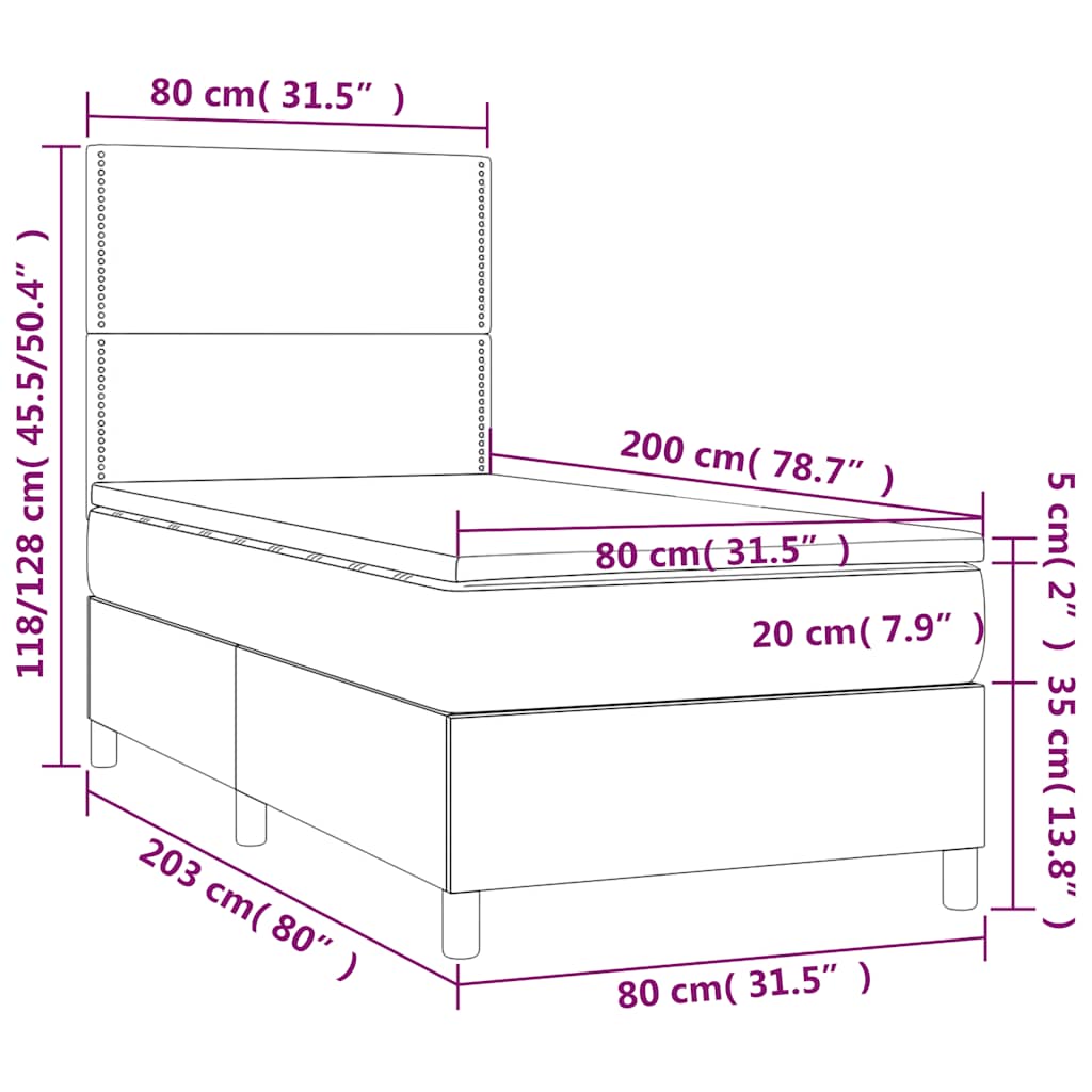 fekete szövet rugós és LED-es ágy matraccal 80 x 200 cm