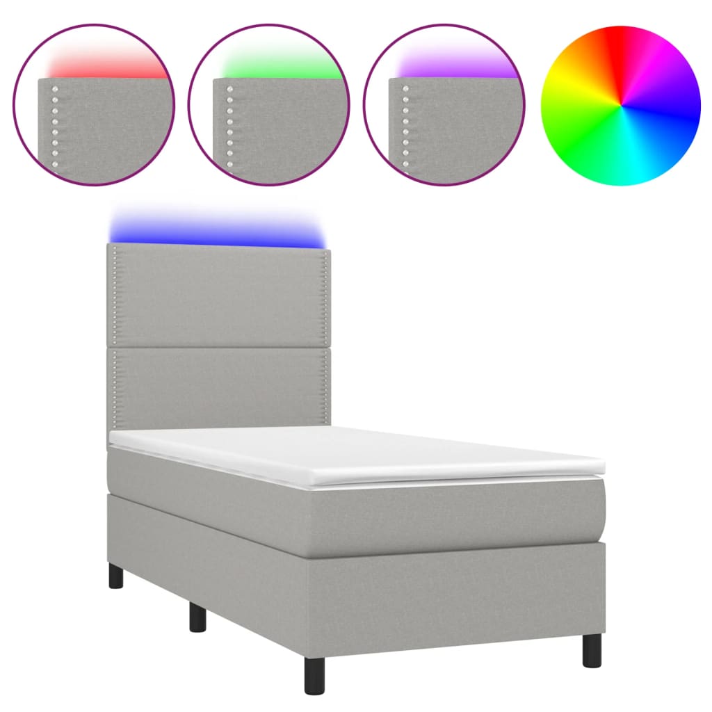 világosszürke szövet rugós és LED-es ágy matraccal 90x190 cm