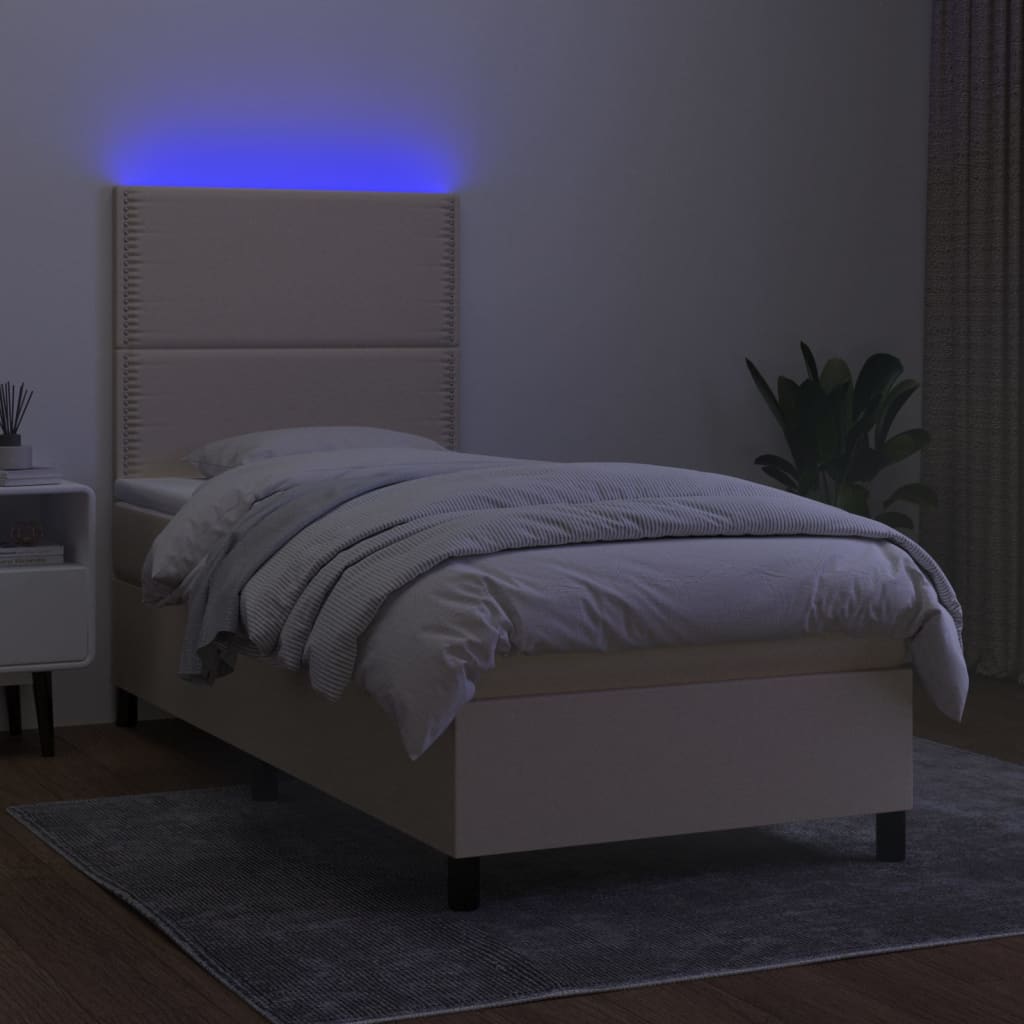 krémszínű szövet rugós és LED-es ágy matraccal 90x190 cm