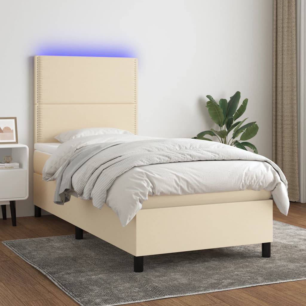 krémszínű szövet rugós és LED-es ágy matraccal 90x190 cm