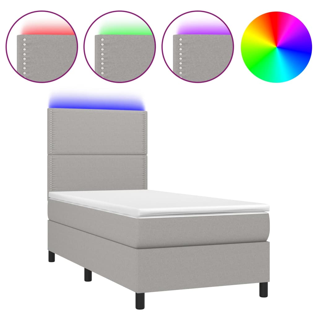 világosszürke szövet rugós és LED-es ágy matraccal 90x200 cm