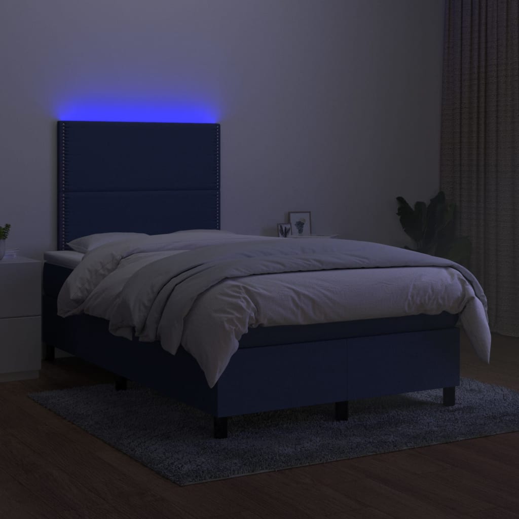 kék szövet rugós és LED-es ágy matraccal 120 x 200 cm