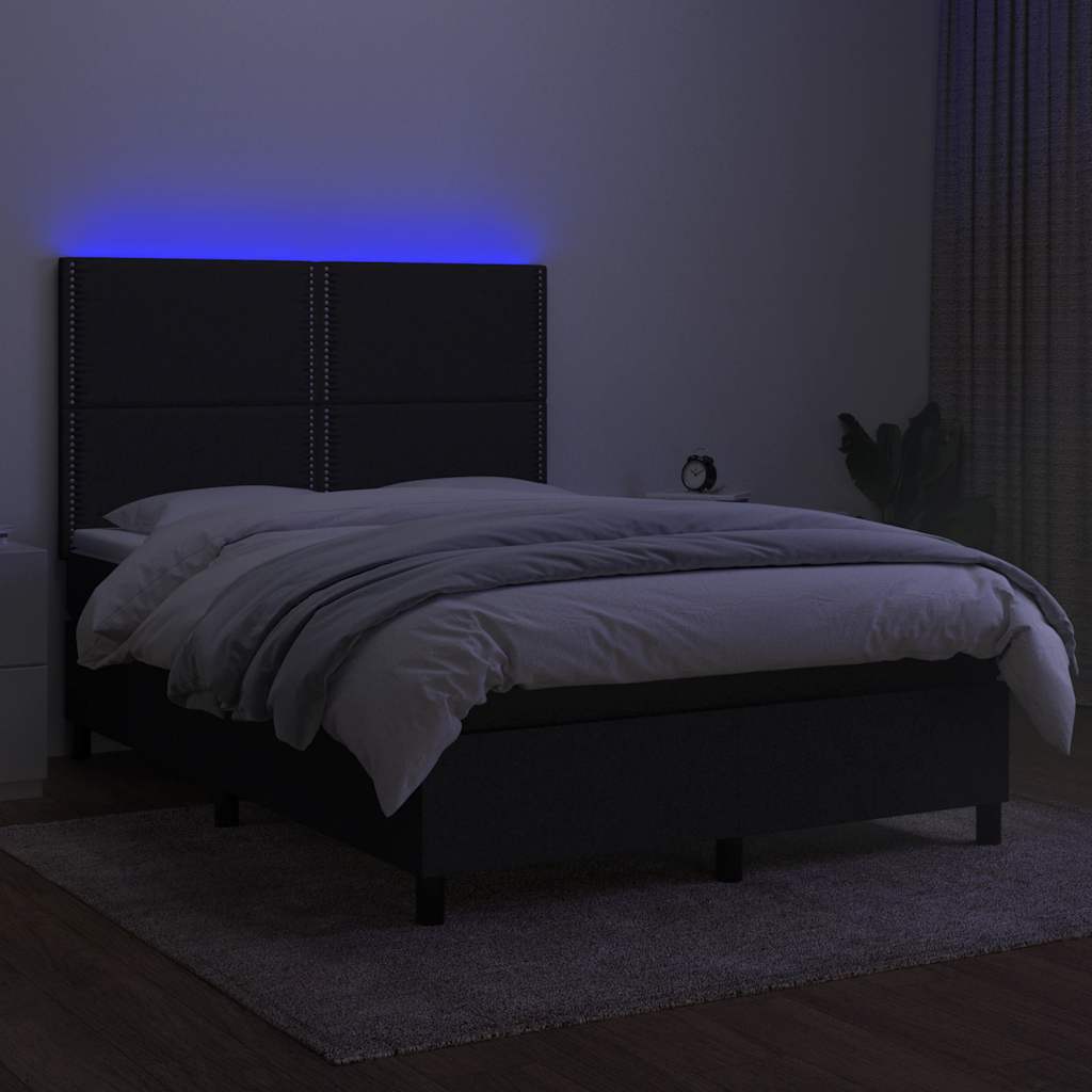fekete szövet rugós és LED-es ágy matraccal 140x200 cm