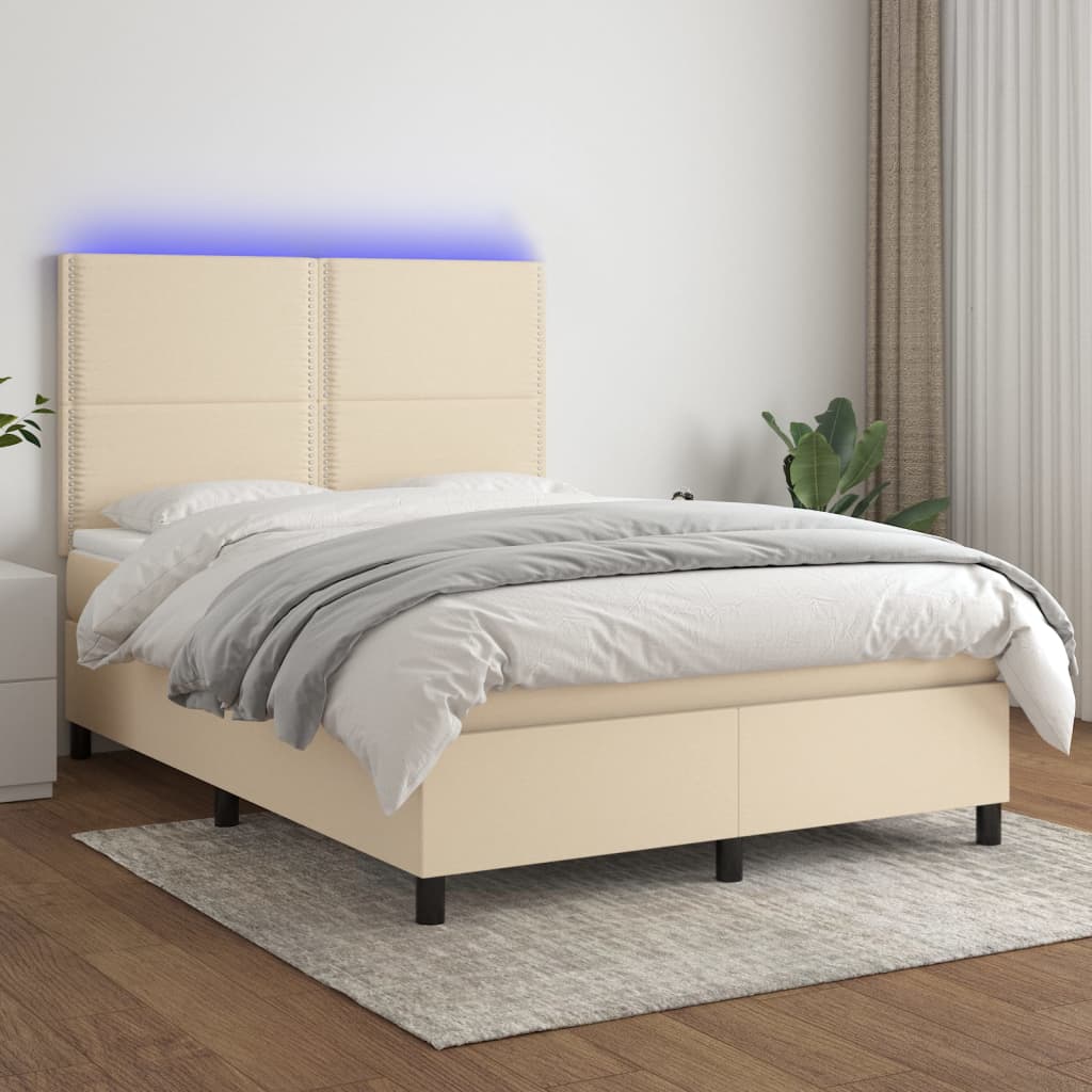 krémszínű szövet rugós és LED-es ágy matraccal 140x200 cm