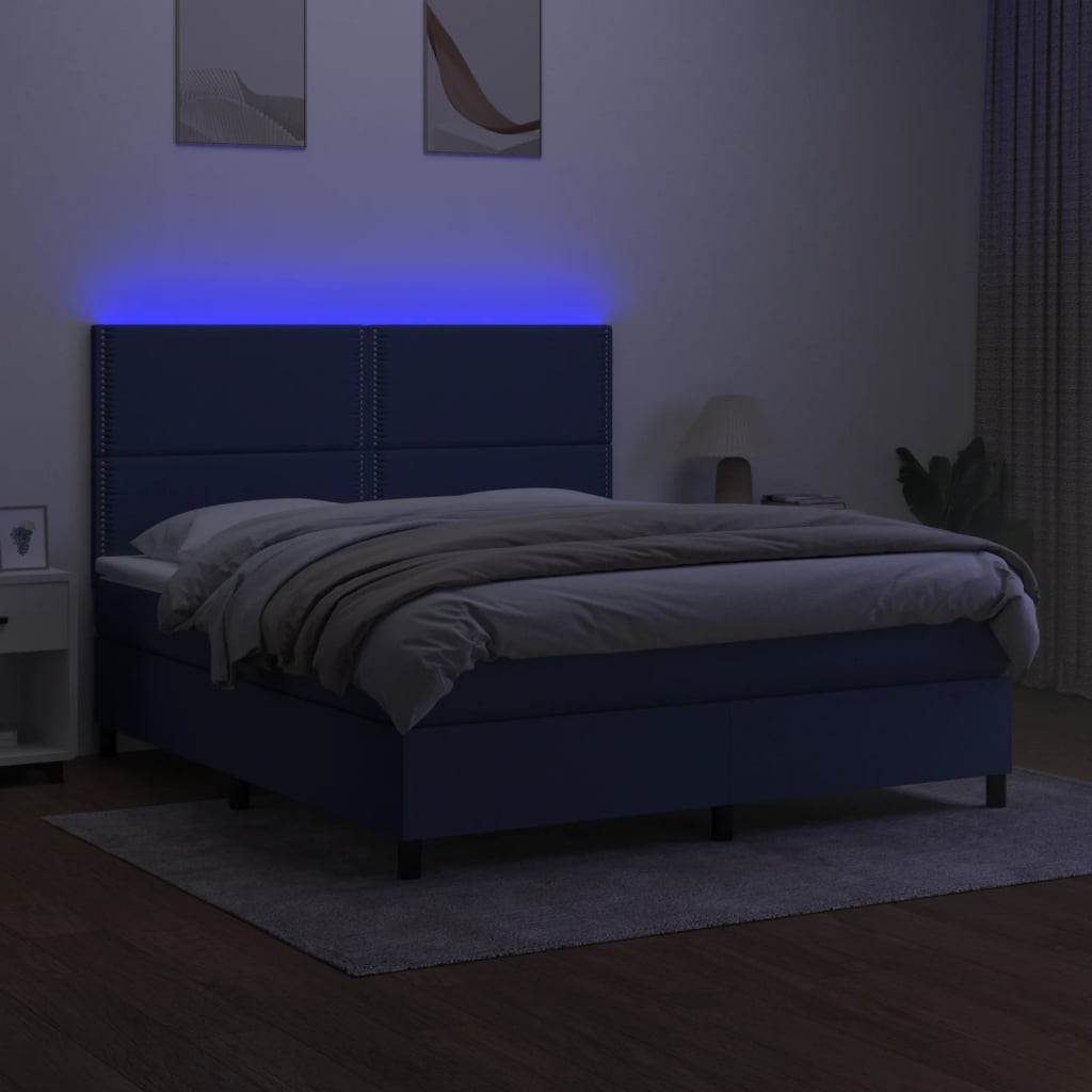 kék szövet rugós és LED-es ágy matraccal 180 x 200 cm