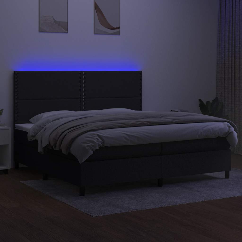 fekete szövet rugós és LED-es ágy matraccal 200x200 cm