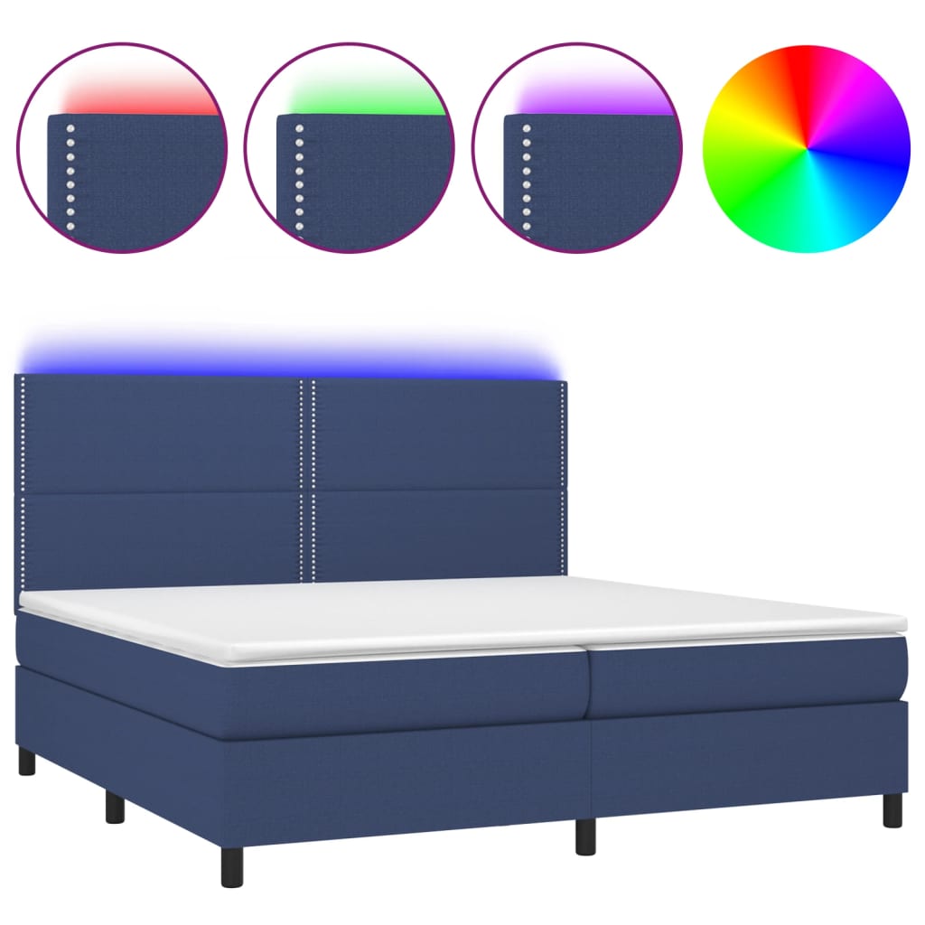 kék szövet rugós és LED-es ágy matraccal 200 x 200 cm