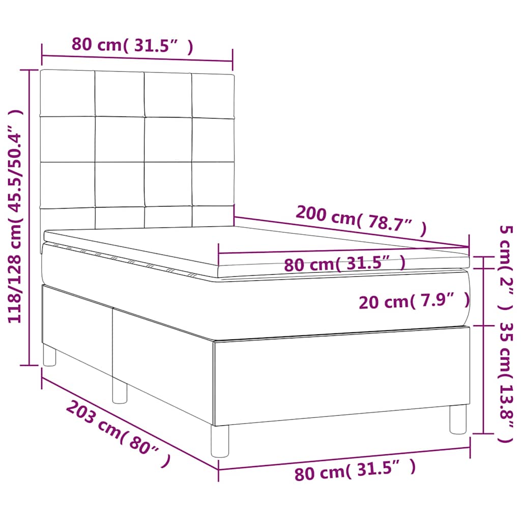 barna szövet rugós és LED-es ágy matraccal 80 x 200 cm