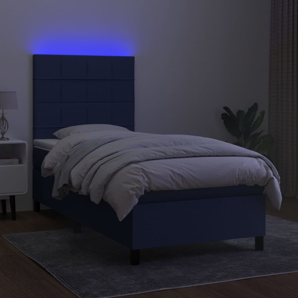 kék szövet rugós és LED-es ágy matraccal 80 x 200 cm