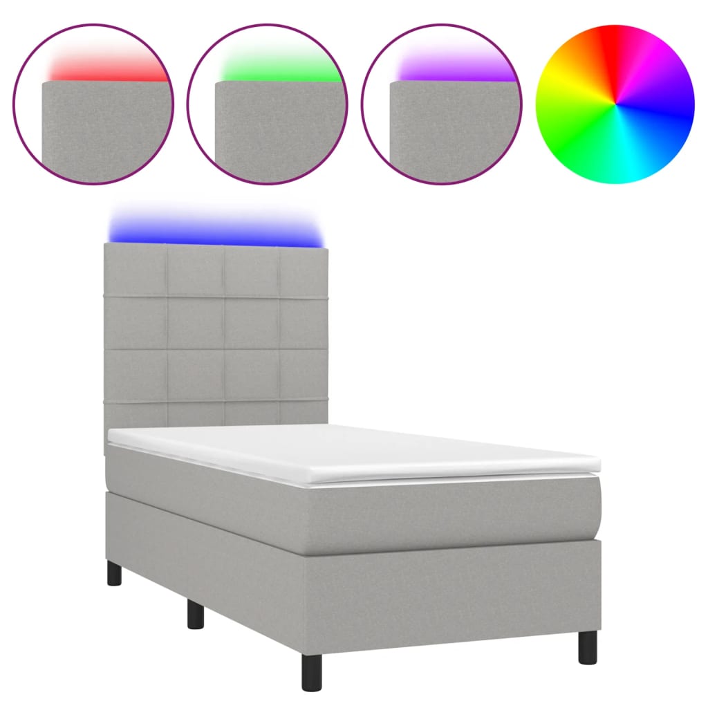 világosszürke szövet rugós és LED-es ágy matraccal 90x190 cm