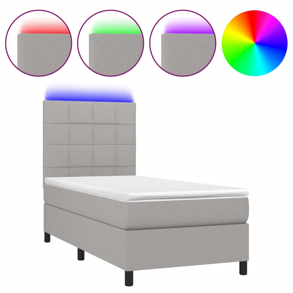 világosszürke szövet rugós és LED-es ágy matraccal 90x200 cm