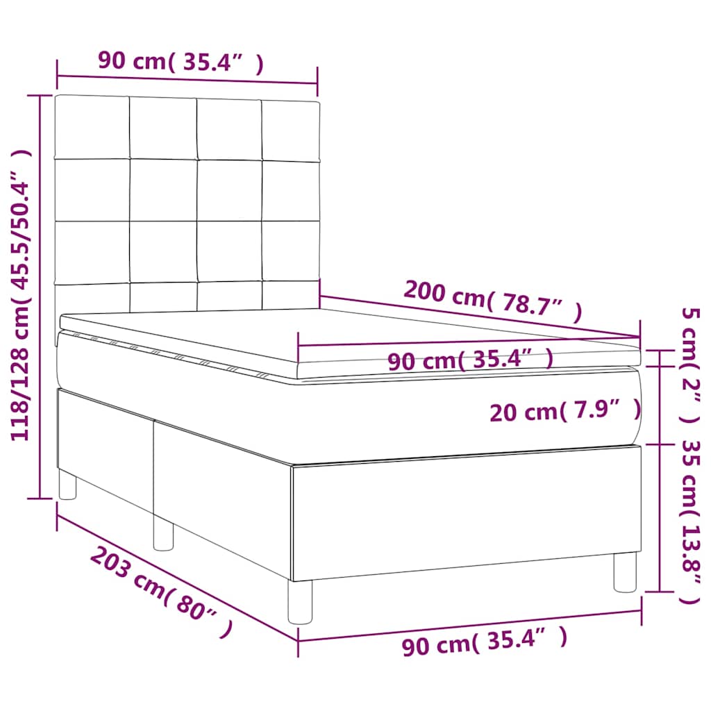 barna szövet rugós és LED-es ágy matraccal 90x200 cm