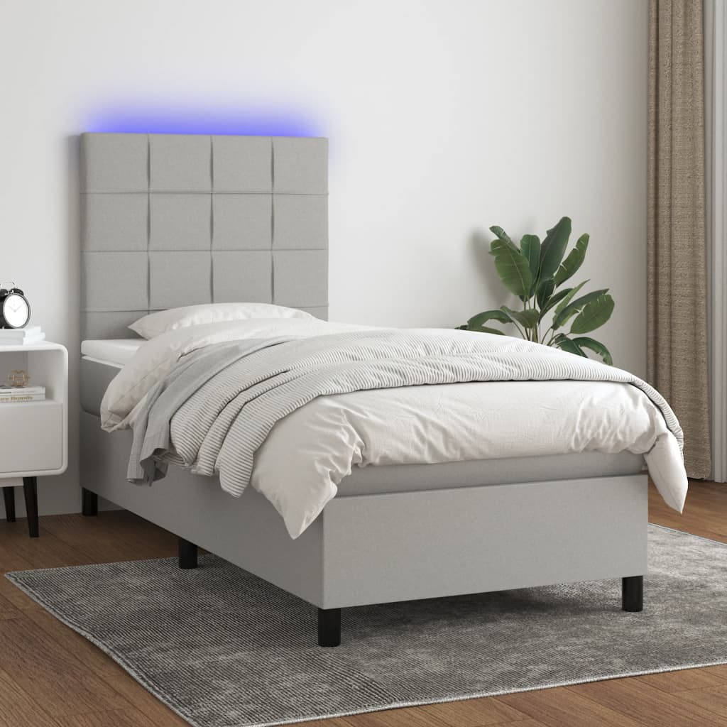 világosszürke szövet rugós és LED-es ágy matraccal 100x200 cm