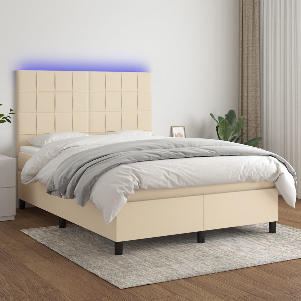krémszínű szövet rugós és LED-es ágy matraccal 140x190cm