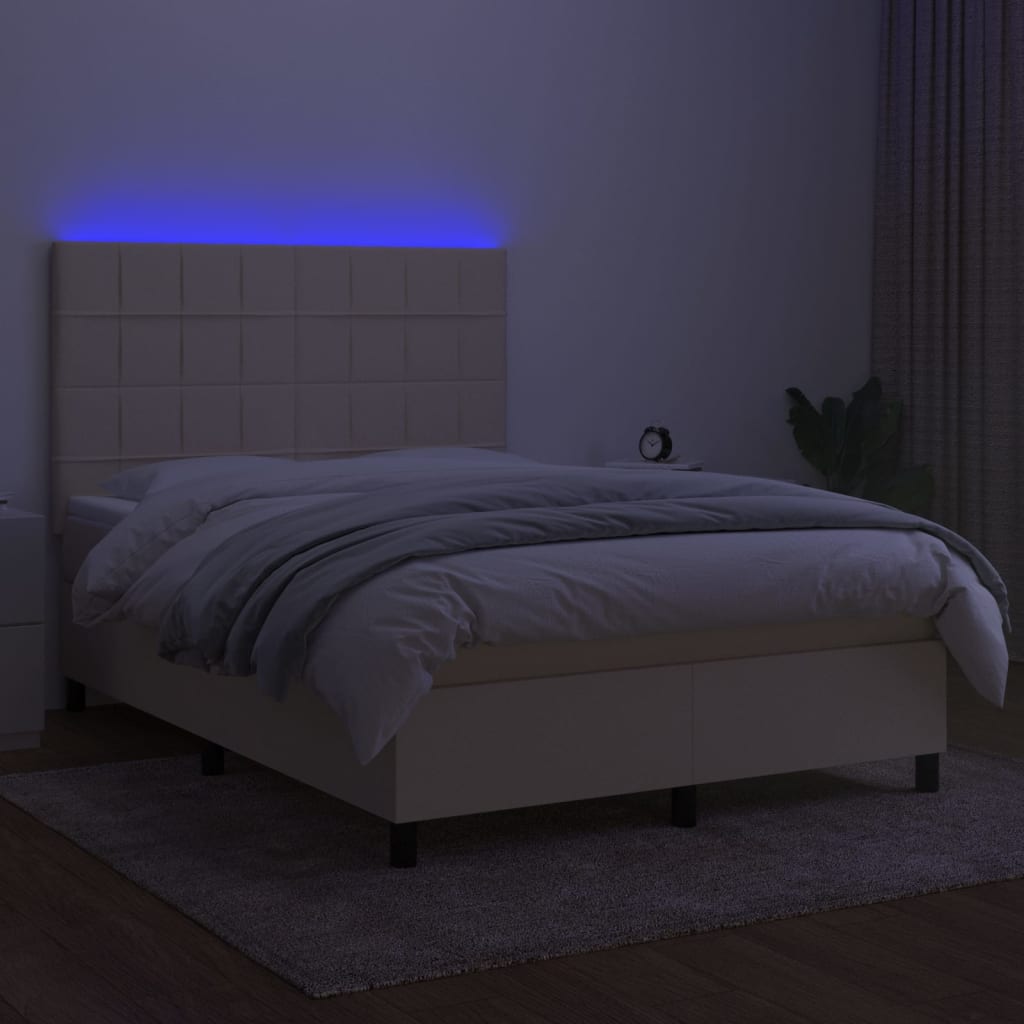 krémszínű szövet rugós és LED-es ágy matraccal 140x200 cm