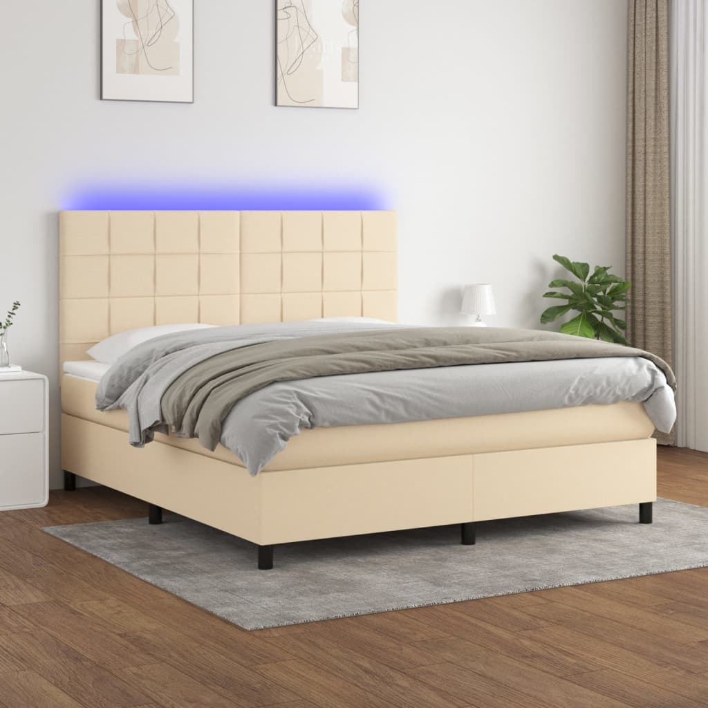 krémszínű szövet rugós és LED-es ágy matraccal 180 x 200 cm