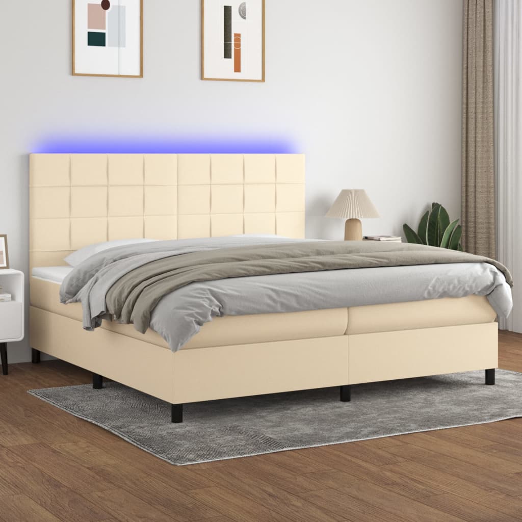krémszínű szövet rugós és LED-es ágy matraccal 200 x 200 cm