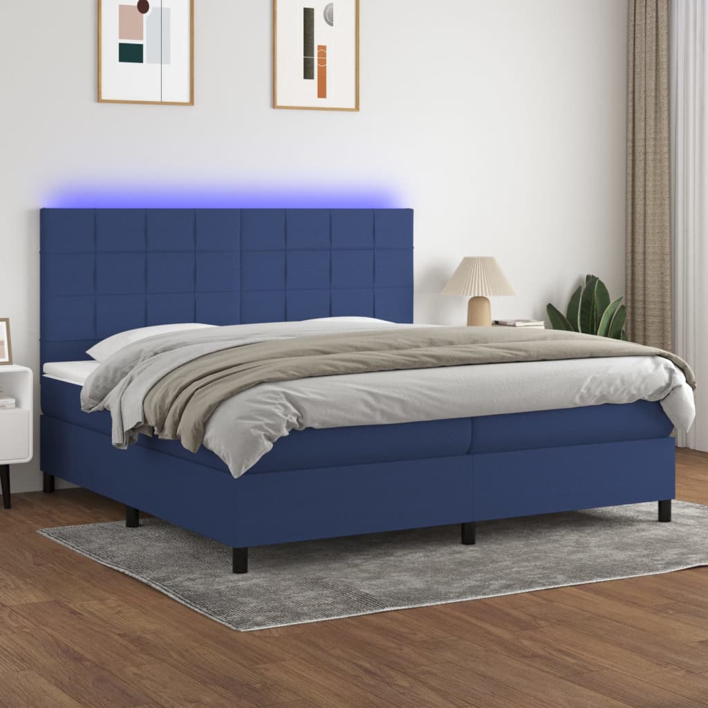 kék szövet rugós és LED-es ágy matraccal 200 x 200 cm