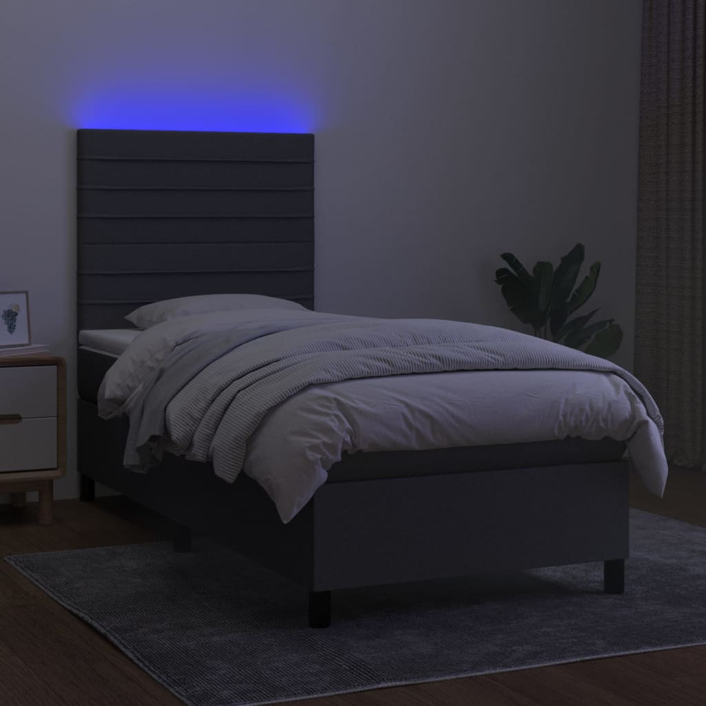 sötétszürke szövet rugós és LED-es ágy matraccal 90x190 cm