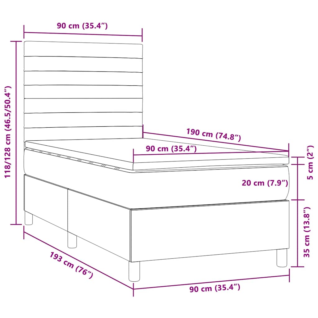 tópszínű szövet rugós és LED-es ágy matraccal 90x190 cm
