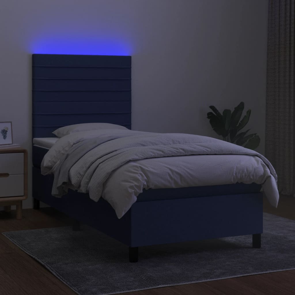 kék szövet rugós és LED-es ágy matraccal 90x190 cm