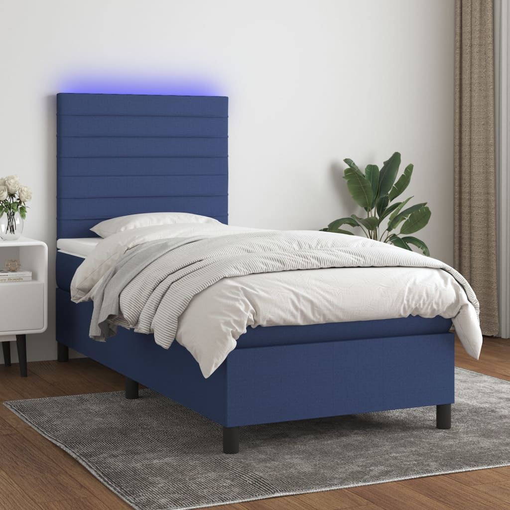 kék szövet rugós és LED-es ágy matraccal 90x190 cm