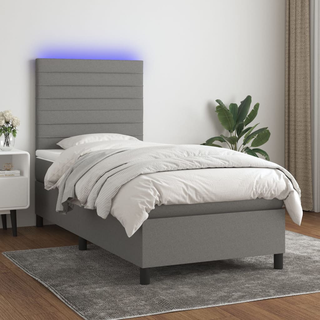 sötétszürke szövet rugós és LED-es ágy matraccal 90x200 cm