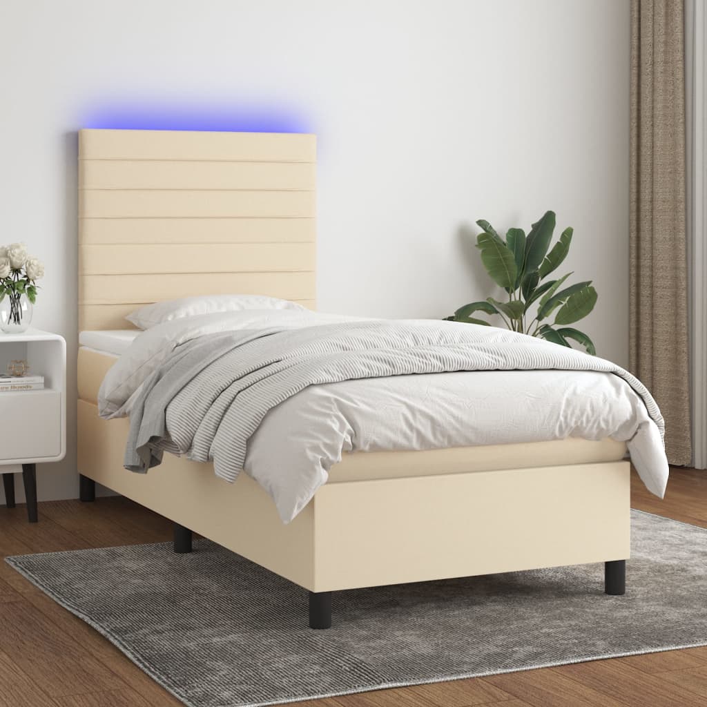 krémszínű szövet rugós és LED-es ágy matraccal 90x200 cm