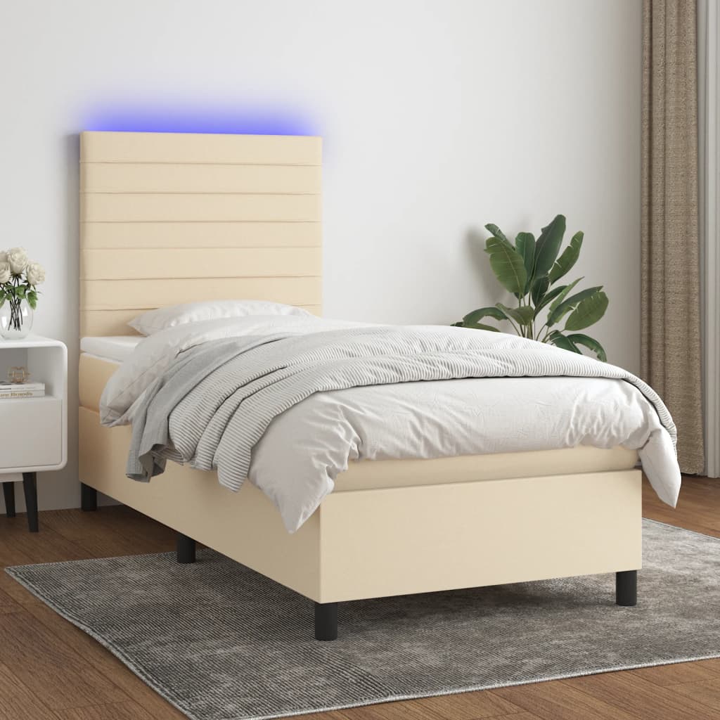 krémszínű szövet rugós és LED-es ágy matraccal 100x200 cm