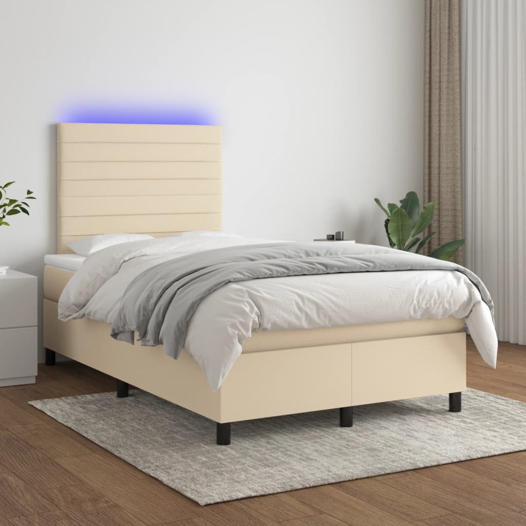 krémszínű szövet rugós és LED-es ágy matraccal 120 x 200 cm
