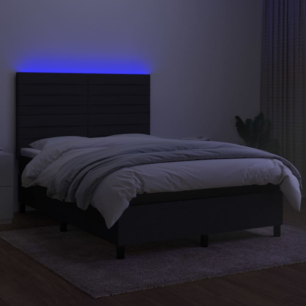 fekete szövet rugós és LED-es ágy matraccal 140x200 cm