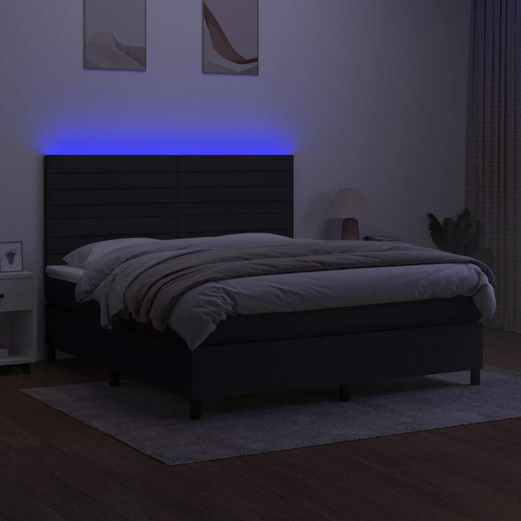 fekete szövet rugós és LED-es ágy matraccal 180 x 200 cm