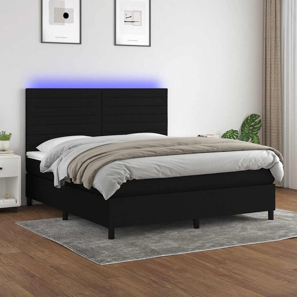 fekete szövet rugós és LED-es ágy matraccal 180 x 200 cm
