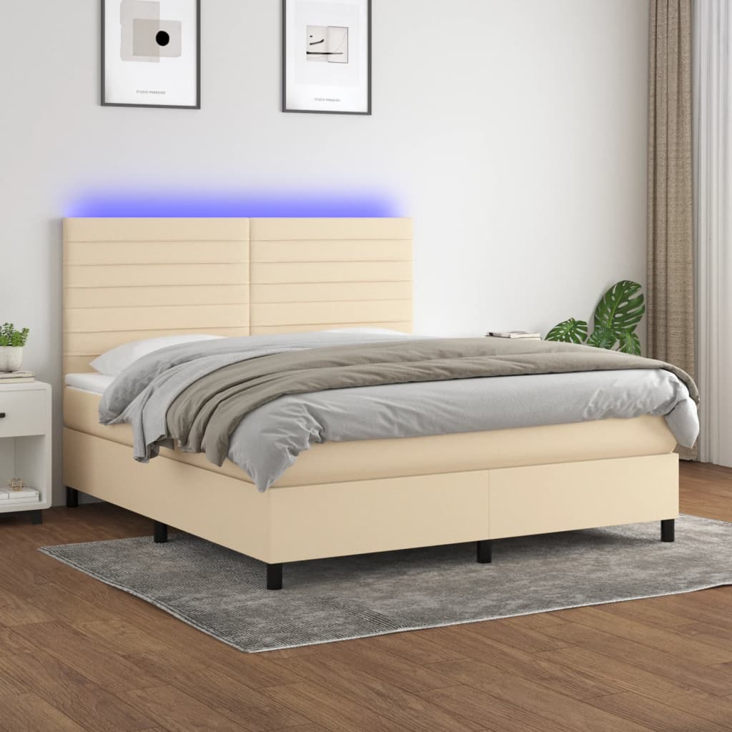 krémszínű szövet rugós és LED-es ágy matraccal 180 x 200 cm