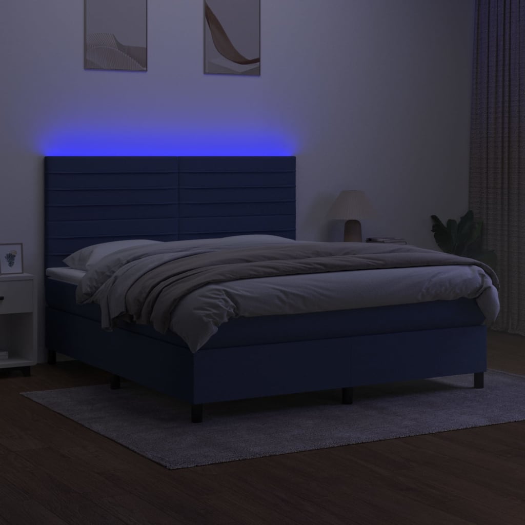 kék szövet rugós és LED-es ágy matraccal 180 x 200 cm