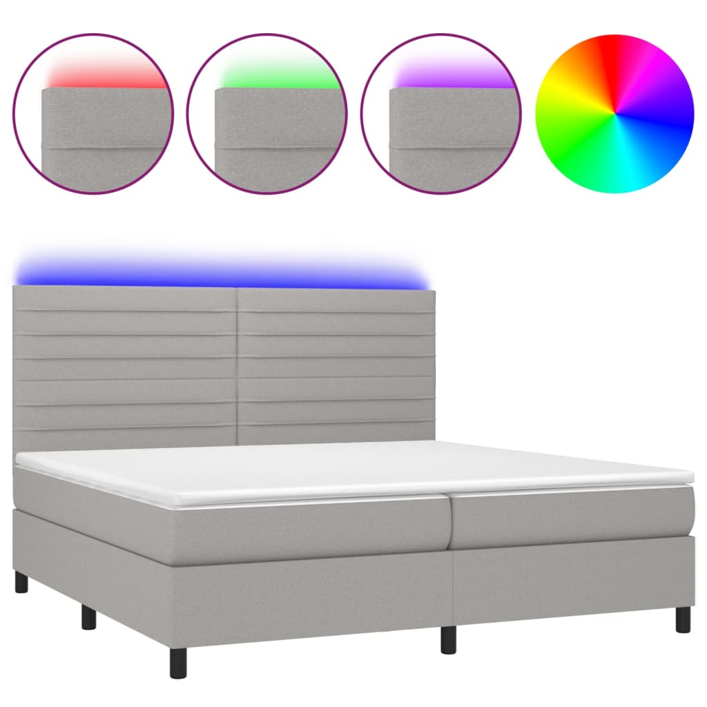 világosszürke szövet rugós és LED-es ágy matraccal 200x200 cm