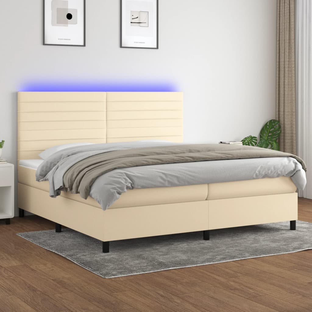 krémszínű szövet rugós és LED-es ágy matraccal 200 x 200 cm